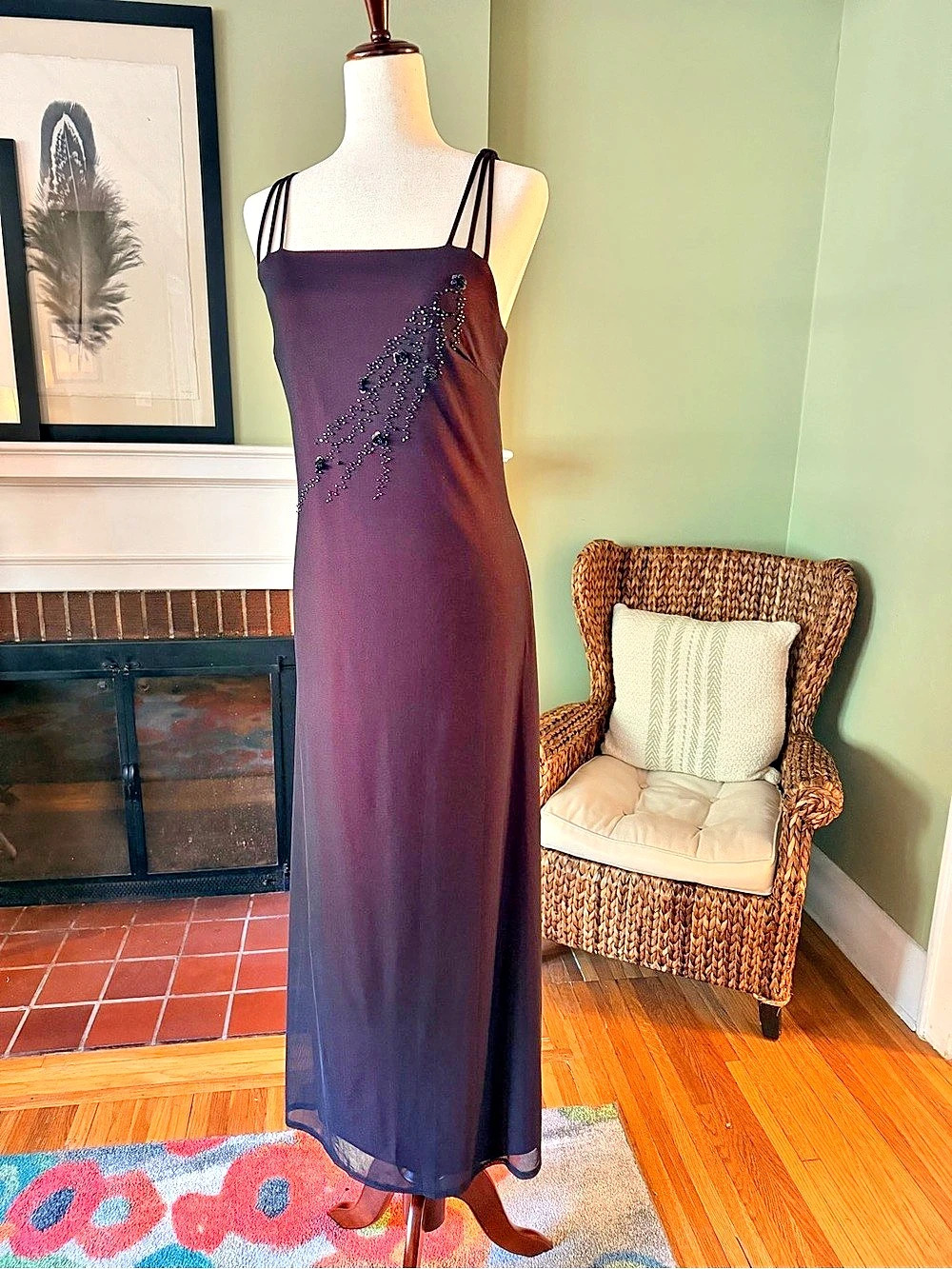 Vintage CDC Evening Burgundy Black Mesh Beaded Sheath Gown - modern size 6/8